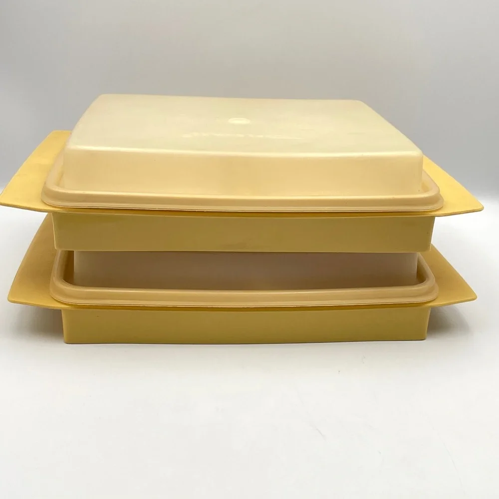 Vintage 1970s Tupperware 723-1 Deviled Egg Keeper Carrier Set of 2 Harvest Gold